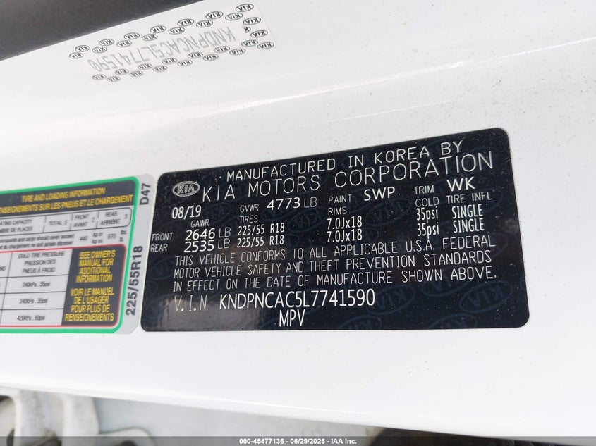 2020 Kia Sportage VIN KNDPNCAC5L7741590 IAAI salvage auction — LEFT REAR, Salvage Title, sold $3,750 on 2026-07-30 (photo 9)