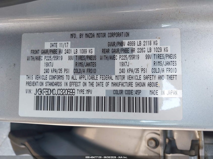 2018 Mazda Cx-5 VIN JM3KFBDM0J0320699 IAAI salvage auction — FRONT END, Salvage Title, sold $4,750 on 2026-07-28 (photo 9)
