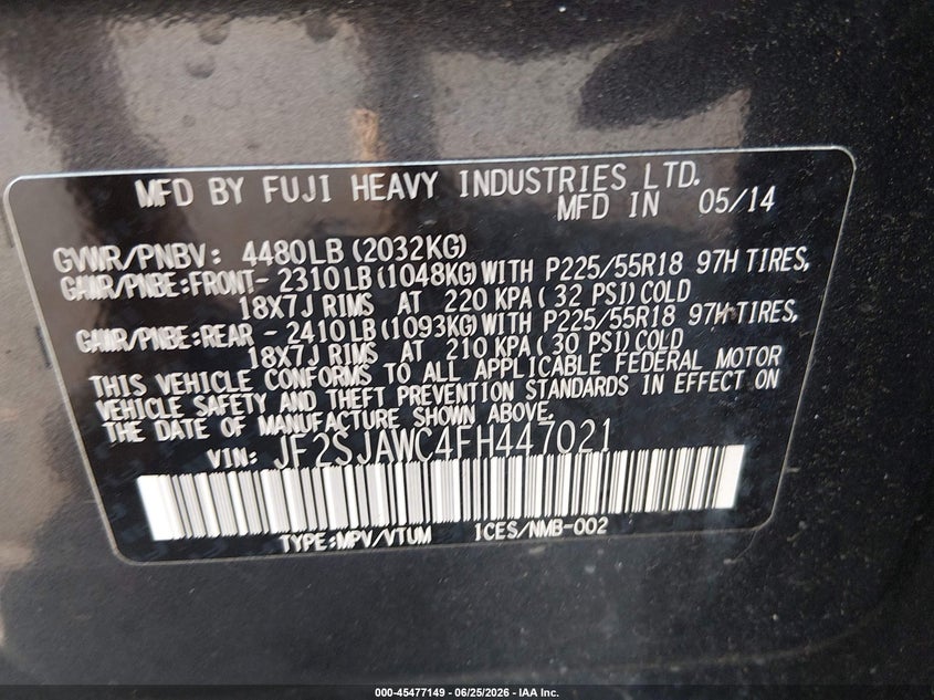 2015 Subaru Forester VIN JF2SJAWC4FH447021 IAAI salvage auction — FRONT END, Salvage Title, sold $425 on 2026-07-29 (photo 9)