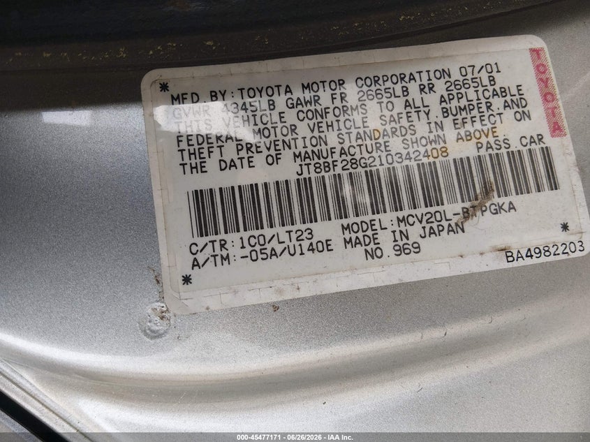 2001 Lexus Es 300 VIN JT8BF28G210342408 IAAI salvage auction — RIGHT FRONT, Salvage (Virginia), sold $200 on 2026-07-31 (photo 9)