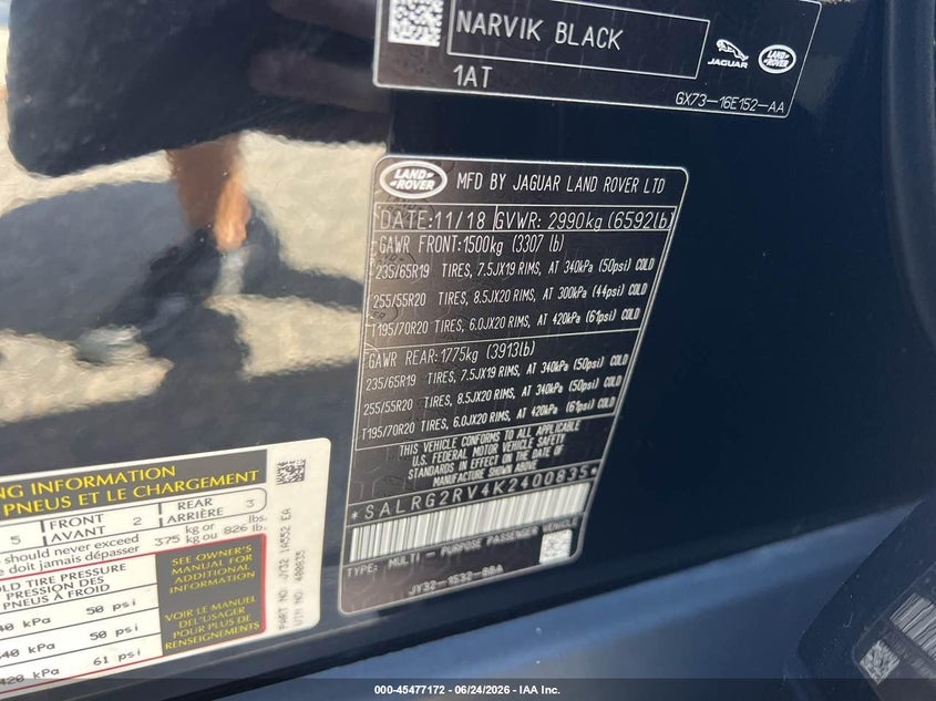 2019 Land rover Discovery VIN SALRG2RV4K2400835 IAAI salvage auction — NORMAL WEAR, Clear (Massachusetts), sold $10,225 on 2026-07-22 (photo 9)