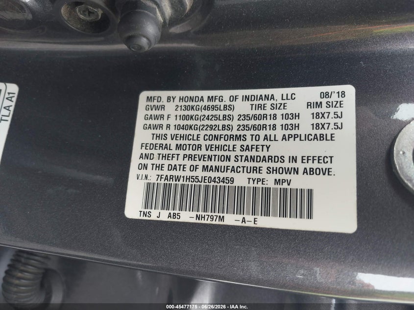 2018 Honda Cr-v VIN 7FARW1H55JE043459 IAAI salvage auction — REAR END, Salvage (Idaho), sold $25 on 2026-07-21 (photo 9)