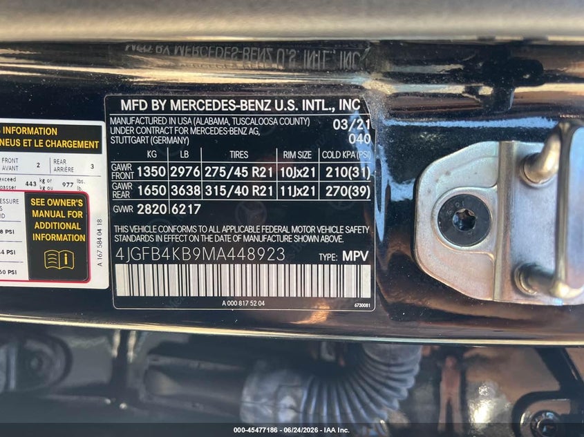 2021 Mercedes-benz Gle class VIN 4JGFB4KB9MA448923 IAAI salvage auction — NORMAL WEAR, Clear (Michigan), sold $27,150 on 2026-07-29 (photo 9)