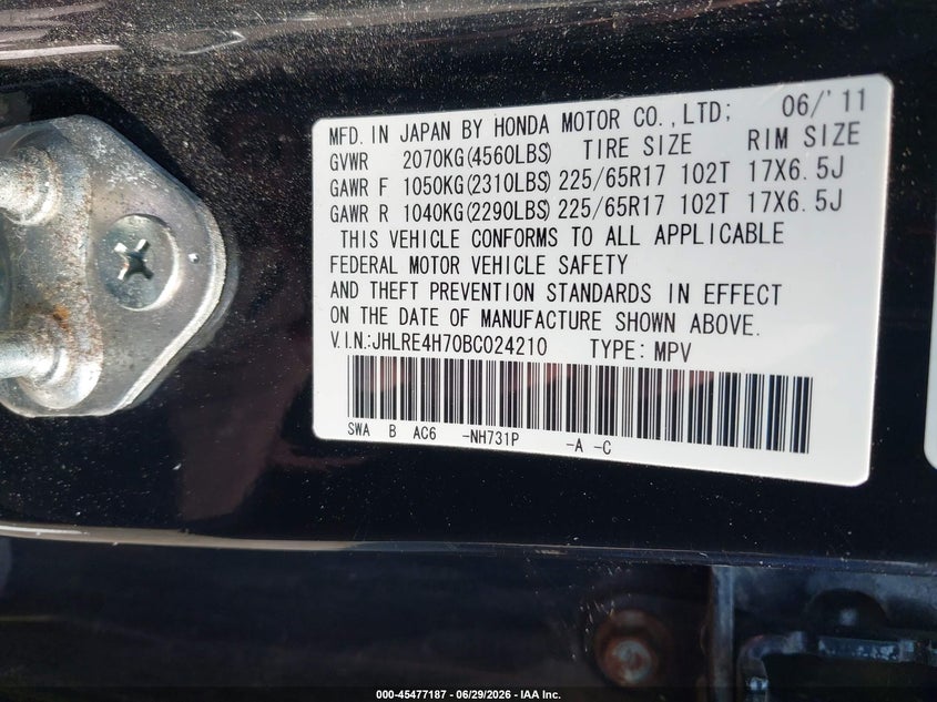 2011 Honda Cr-v VIN JHLRE4H70BC024210 IAAI salvage auction — NORMAL WEAR, Original (New Hampshire), sold $1,425 on 2026-07-08 (photo 9)