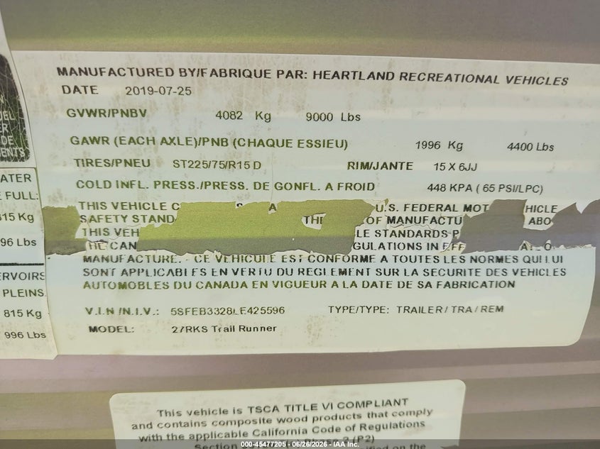 2020 Heartland rv Other VIN 5SFEB3328LE425596 IAAI salvage auction — THEFT, Original (Texas), sold $5,950 on 2026-07-15 (photo 9)