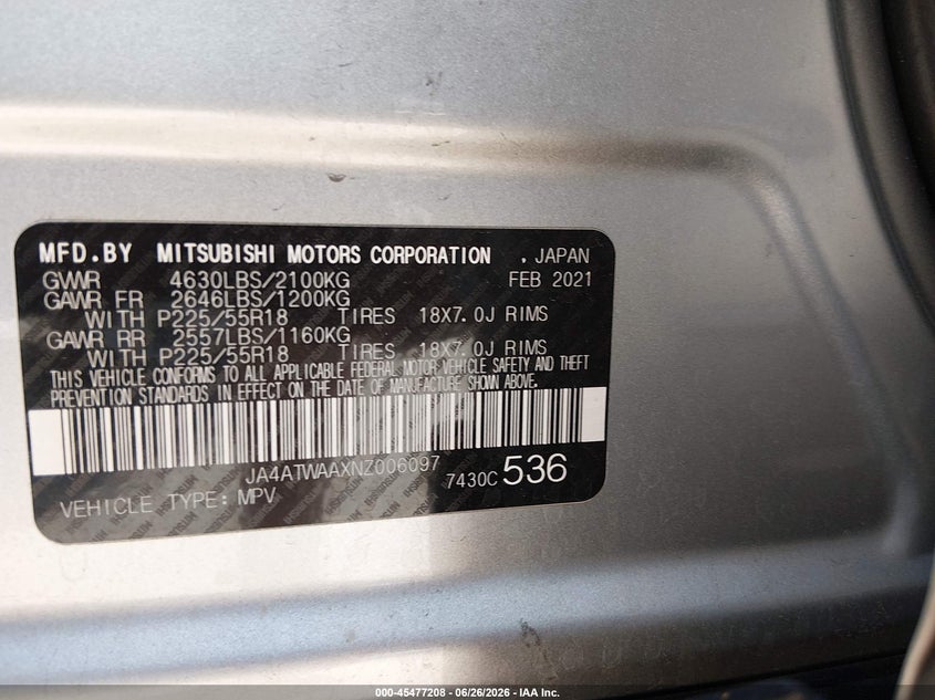 2022 Mitsubishi Eclipse cross VIN JA4ATWAAXNZ006097 IAAI salvage auction — HAIL, Original (Texas), sold $7,925 on 2026-08-11 (photo 9)