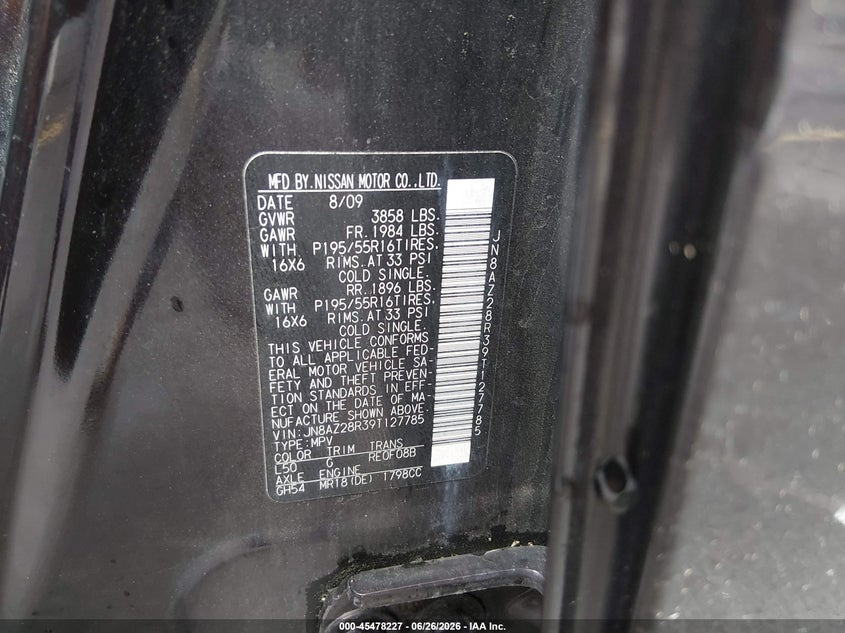 2009 Nissan Cube VIN JN8AZ28R39T127785 IAAI salvage auction — FRONT END, Salvage (Connecticut), sold $400 on 2026-07-16 (photo 9)
