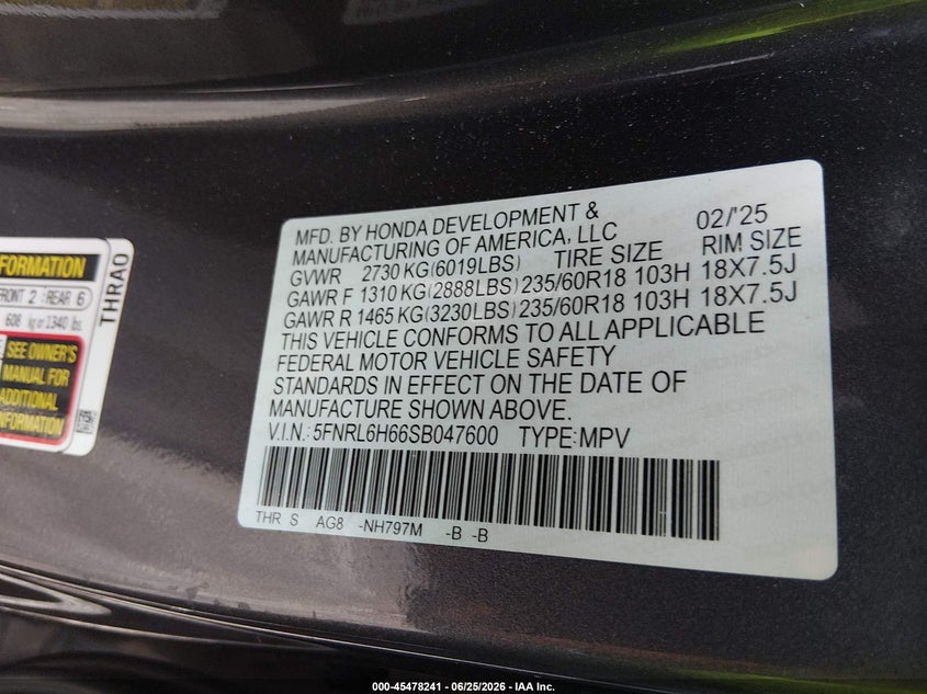 2025 Honda Odyssey VIN 5FNRL6H66SB047600 IAAI salvage auction — REAR END, Salvage (Indiana), sold $13,700 on 2026-07-29 (photo 9)