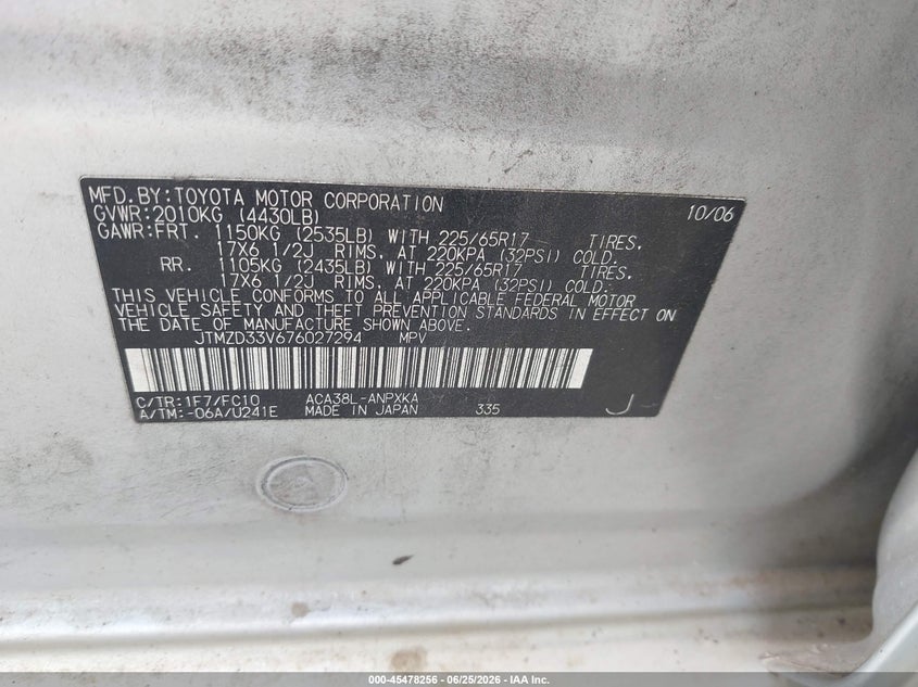 2007 Toyota Rav 4 VIN JTMZD33V676027294 IAAI salvage auction — LEFT SIDE, Salvage (Texas), sold $325 on 2026-07-10 (photo 9)