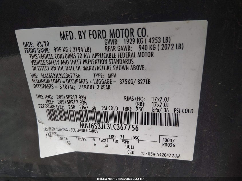 2020 Ford Ecosport VIN MAJ6S3JL3LC367756 IAAI salvage auction — LEFT FRONT, Salvage Title, sold $1,000 on 2026-07-22 (photo 9)