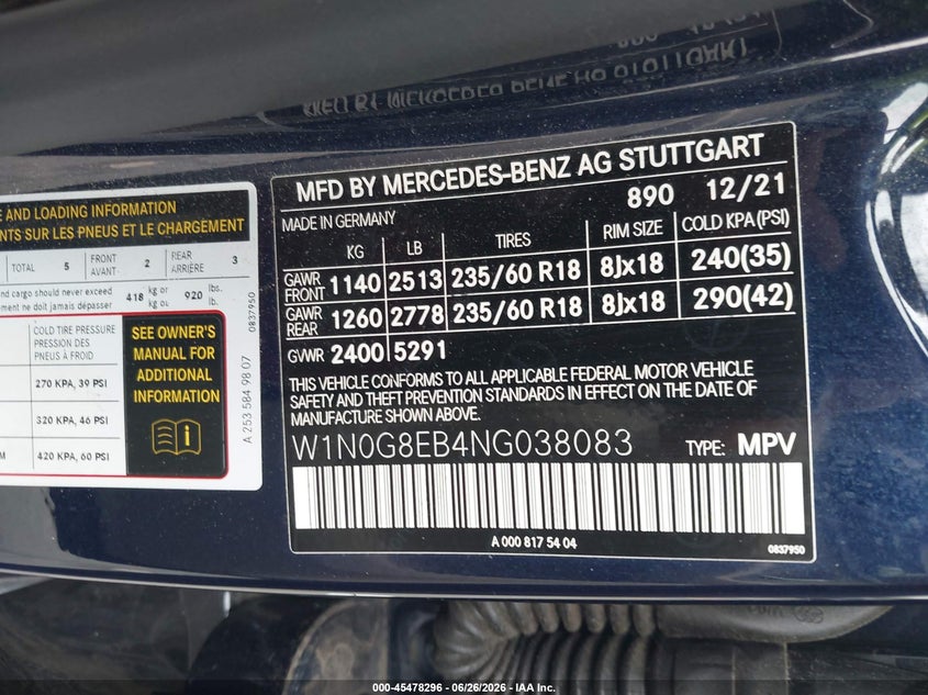 2022 Mercedes-benz Glc VIN W1N0G8EB4NG038083 IAAI salvage auction — UNDERCARRIAGE, Salvage Title, sold $6,600 on 2026-07-30 (photo 9)