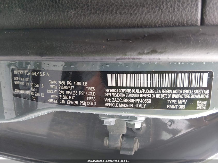 2017 Jeep Renegade VIN ZACCJBBB0HPF40569 IAAI salvage auction — FRONT END, Salvage (Missouri), sold $1,750 on 2026-08-04 (photo 9)