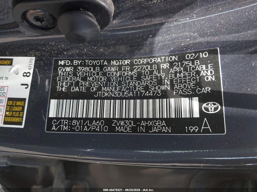 2010 Toyota Prius VIN JTDKN3DU5A1174473 IAAI salvage auction — FRONT END, Salvage - Greater Than 75% (Maryland), sold $625 on 2026-07-22 (photo 9)