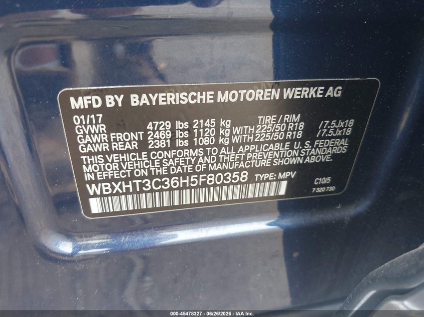 2017 BMW X1 VIN WBXHT3C36H5F80358 IAAI salvage auction — WATER/FLOOD, Mv-907A (New York), sold $6,000 on 2026-07-11 (photo 9)