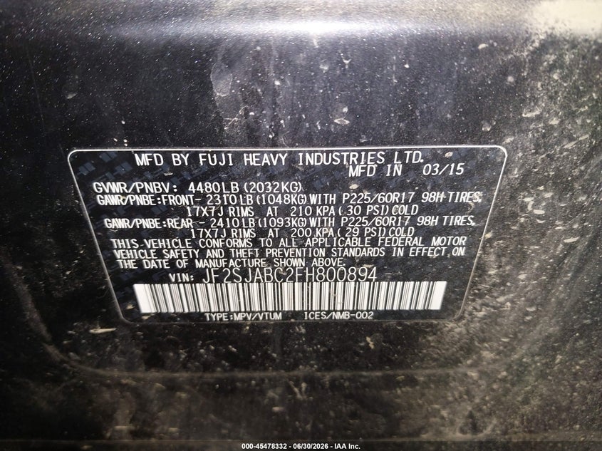 2015 Subaru Forester VIN JF2SJABC2FH800894 IAAI salvage auction — RIGHT FRONT, Salvage (Pennsylvania), sold $650 on 2026-07-09 (photo 9)