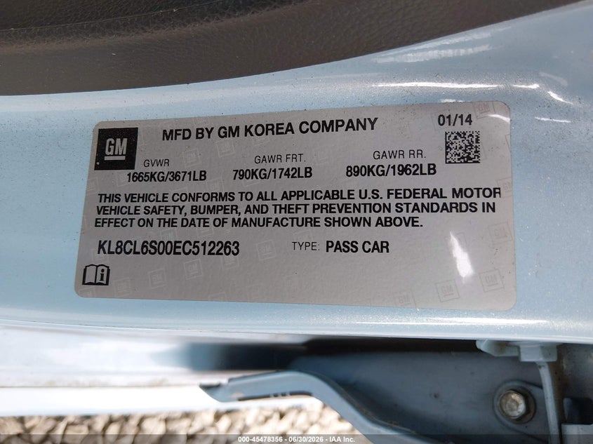 2014 Chevrolet Spark ev VIN KL8CL6S00EC512263 IAAI salvage auction — NORMAL WEAR, Peddle Clear Public-Restricted (Oregon), sold $225 on 2026-07-29 (photo 9)
