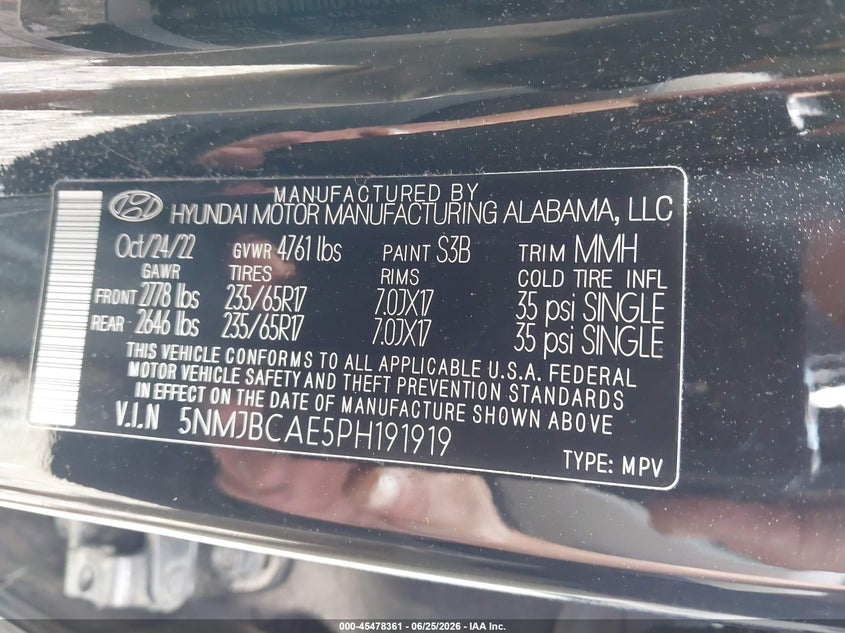 2023 Hyundai Tucson VIN 5NMJBCAE5PH191919 IAAI salvage auction — HAIL, Clear Claim Paid (Wisconsin), sold $12,350 on 2026-07-30 (photo 9)