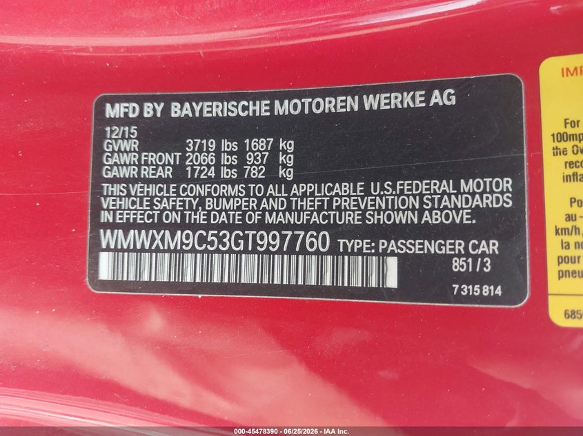 2016 Mini Hard top VIN WMWXM9C53GT997760 IAAI salvage auction — RIGHT SIDE, Salvage Title, sold $3,500 on 2026-07-22 (photo 9)