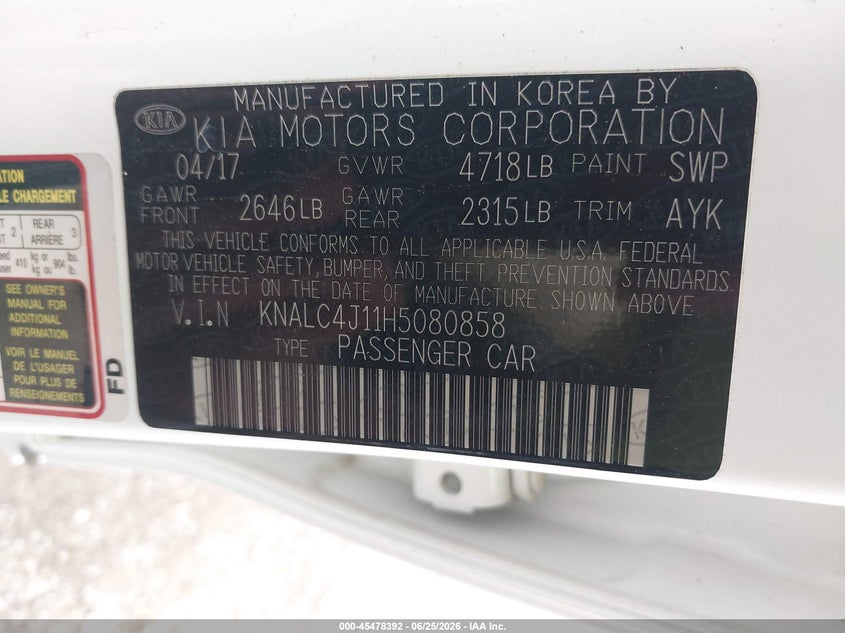 2017 Kia Cadenza VIN KNALC4J11H5080858 IAAI salvage auction — REAR END, Salvage Title, sold $1,250 on 2026-07-19 (photo 9)