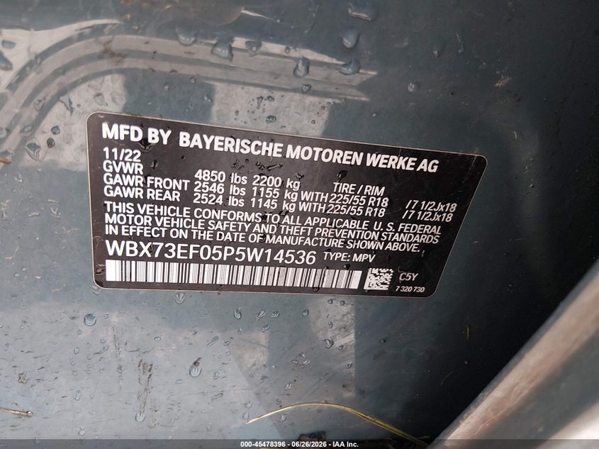 2023 BMW X1 VIN WBX73EF05P5W14536 IAAI salvage auction — ROLLOVER, Salvage Title, sold $1,300 on 2026-07-18 (photo 9)