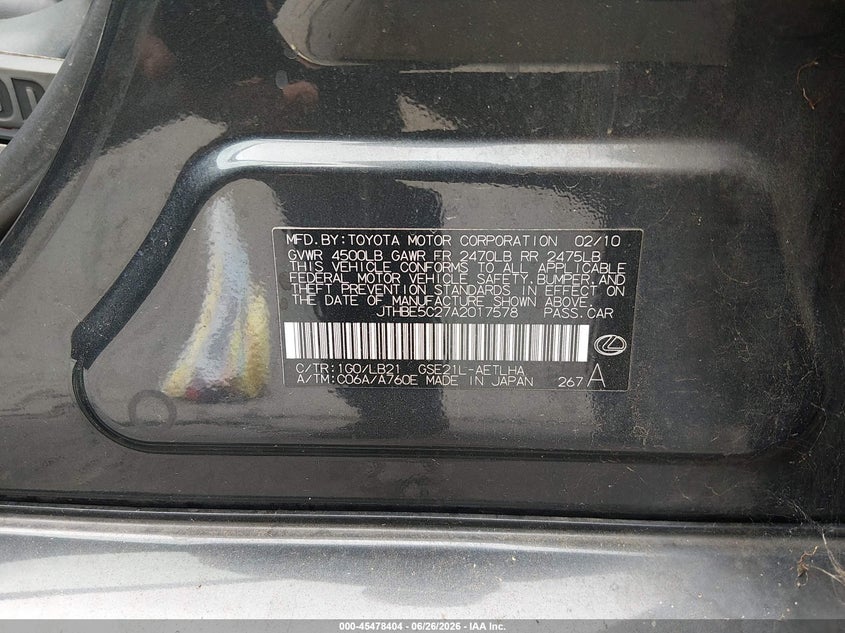 2010 Lexus Is 350 VIN JTHBE5C27A2017578 IAAI salvage auction — NORMAL WEAR, Clear - Dealer Only (California), sold $1,850 on 2026-07-06 (photo 9)