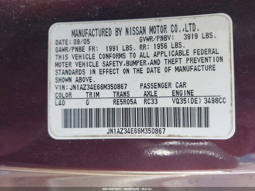 2006 Nissan 350z VIN JN1AZ34E66M350867 IAAI salvage auction — REAR END, Salvage (Louisiana), sold $3,700 on 2026-07-15 (photo 9)