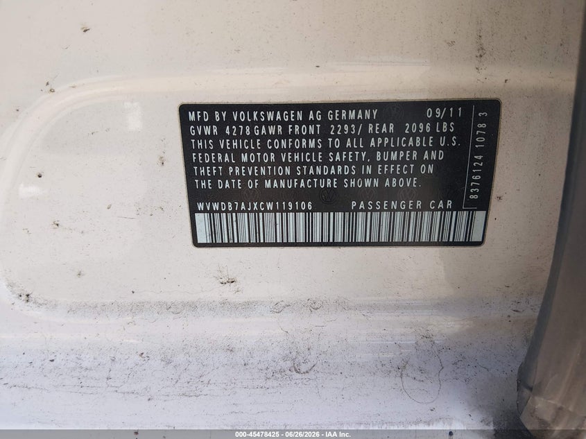 2012 Volkswagen Golf VIN WVWDB7AJXCW119106 IAAI salvage auction — FRONT END, Salvage (Louisiana), sold $1,550 on 2026-07-15 (photo 9)