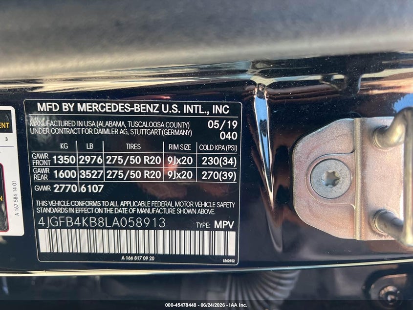 2020 Mercedes-benz Gle class VIN 4JGFB4KB8LA058913 IAAI salvage auction — NORMAL WEAR, Clear (Arkansas), sold $26,850 on 2026-07-29 (photo 9)