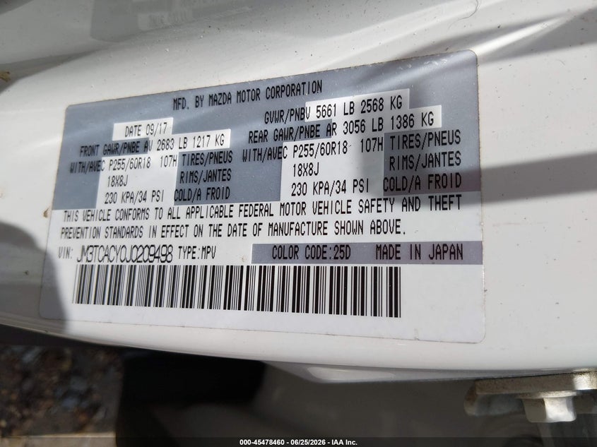 2018 Mazda Cx-9 VIN JM3TCACY0J0209498 IAAI salvage auction — FRONT END, Salvage (Mississippi), sold $2,750 on 2026-07-29 (photo 9)