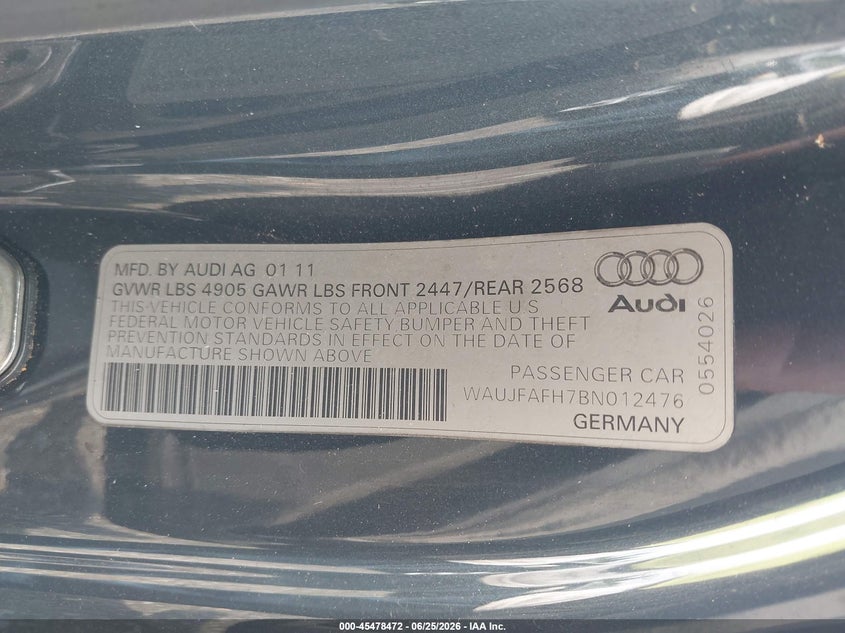 2011 Audi A5 VIN WAUJFAFH7BN012476 IAAI salvage auction — NORMAL WEAR, Salvage (South Carolina), sold $475 on 2026-07-28 (photo 9)