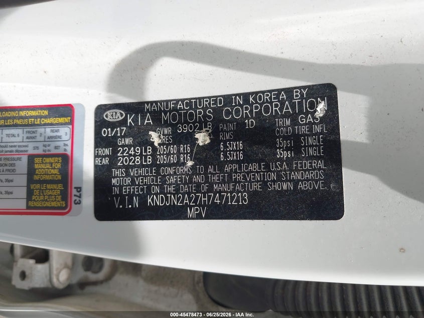2017 Kia Soul VIN KNDJN2A27H7471213 IAAI salvage auction — NORMAL WEAR, Original (Texas), sold $600 on 2026-07-21 (photo 9)