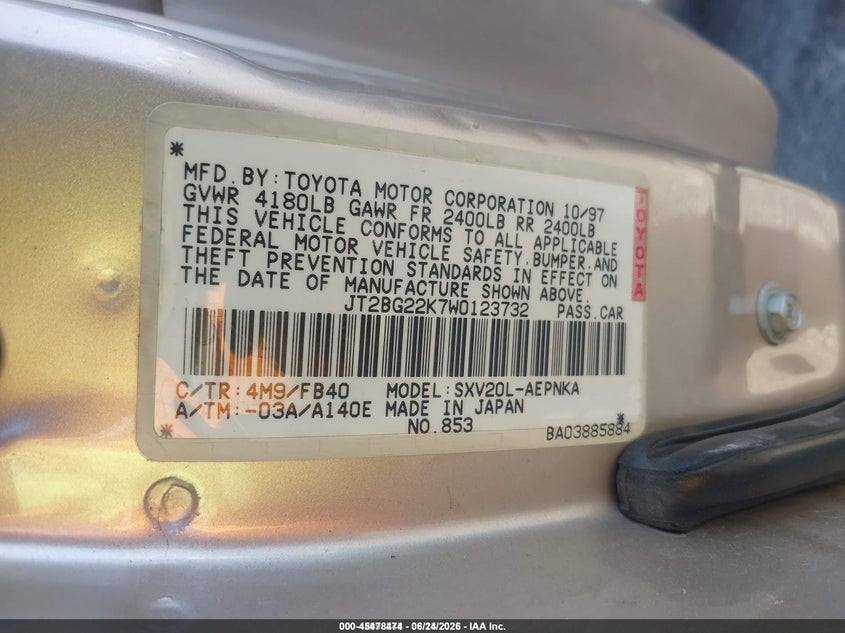 1998 Toyota Camry VIN JT2BG22K7W0123732 IAAI salvage auction — LEFT SIDE, Salvage (Idaho), sold $300 on 2026-07-10 (photo 9)