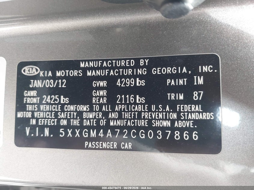 2012 Kia Optima VIN 5XXGM4A72CG037866 IAAI salvage auction — REPOSSESSION, Original (Texas), sold $250 on 2026-07-15 (photo 9)