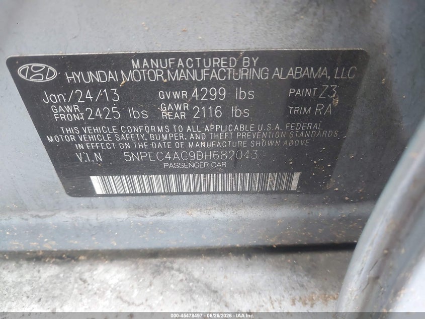 2013 Hyundai Sonata VIN 5NPEC4AC9DH682043 IAAI salvage auction — FRONT END, Salvage (North Carolina), sold $300 on 2026-07-29 (photo 9)