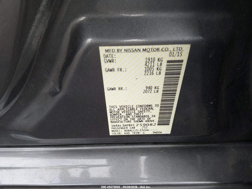 2015 Nissan Altima VIN 1N4AL3AP8FC259082 IAAI salvage auction — REAR END, Salvage Title, sold $2,150 on 2026-07-17 (photo 9)