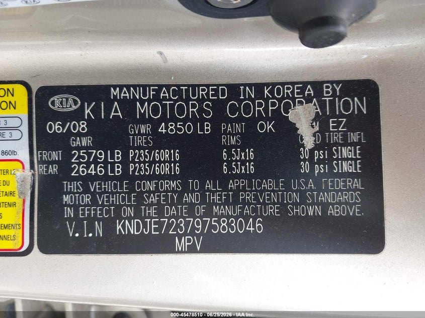 2009 Kia Sportage VIN KNDJE723797583046 IAAI salvage auction — NORMAL WEAR, Clear (Washington), sold $425 on 2026-07-08 (photo 9)