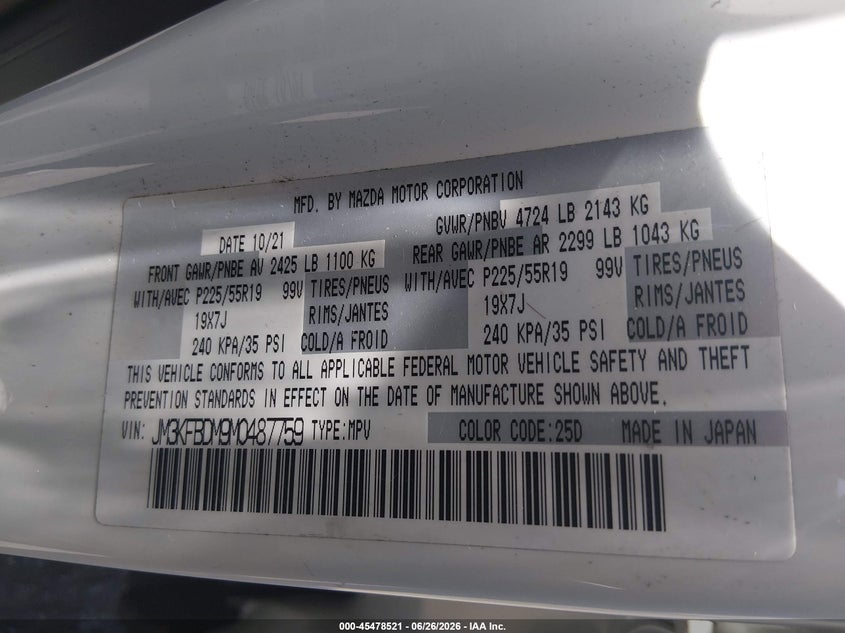 2021 Mazda Cx-5 VIN JM3KFBDM9M0487759 IAAI salvage auction — RIGHT REAR, Salvage (Louisiana), sold $9,300 on 2026-07-27 (photo 9)