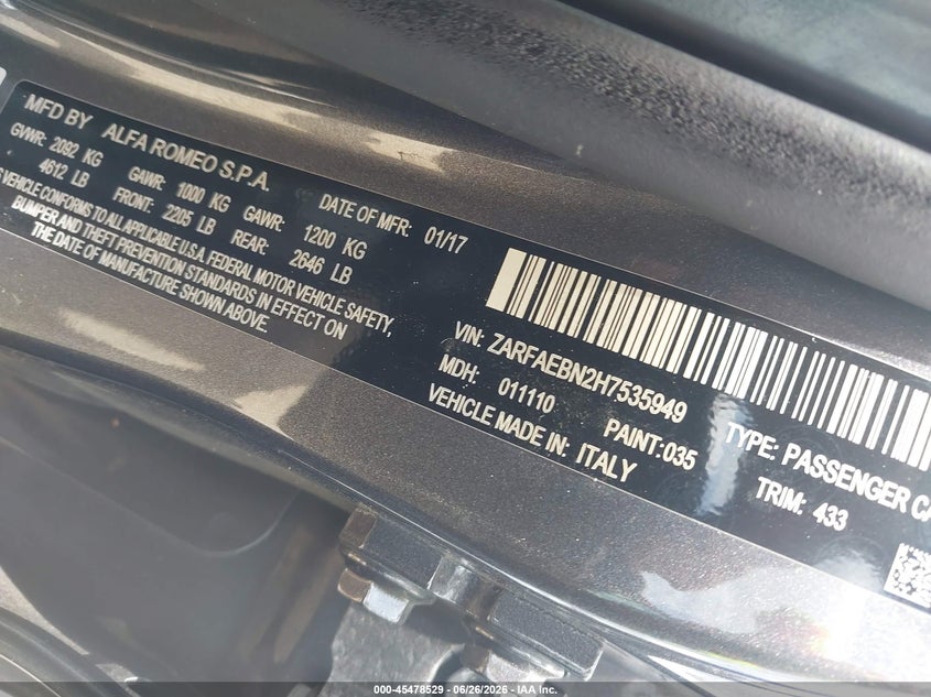 2017 Alfa romeo Giulia VIN ZARFAEBN2H7535949 IAAI salvage auction — WATER/FLOOD, Salvage (Texas), sold $1,750 on 2026-07-30 (photo 9)
