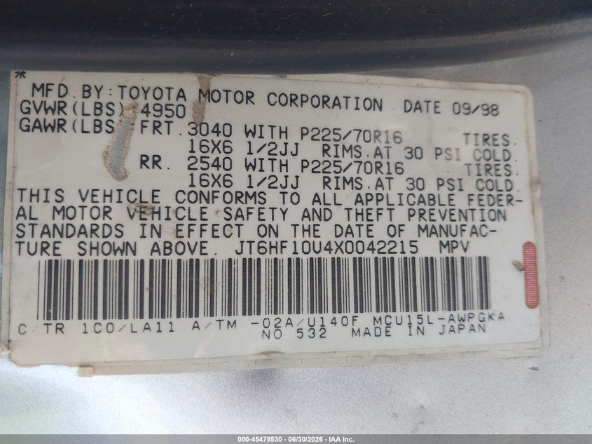 1999 Lexus Rx 300 VIN JT6HF10U4X0042215 IAAI salvage auction — LEFT & RIGHT, App For Dup Clear (California), sold $275 on 2026-07-20 (photo 9)