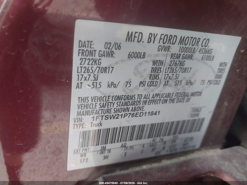2006 Ford F-250 VIN 1FTSW21P76ED11841 IAAI salvage auction — FRONT & REAR, Clear (Idaho), sold $500 on 2026-07-18 (photo 9)
