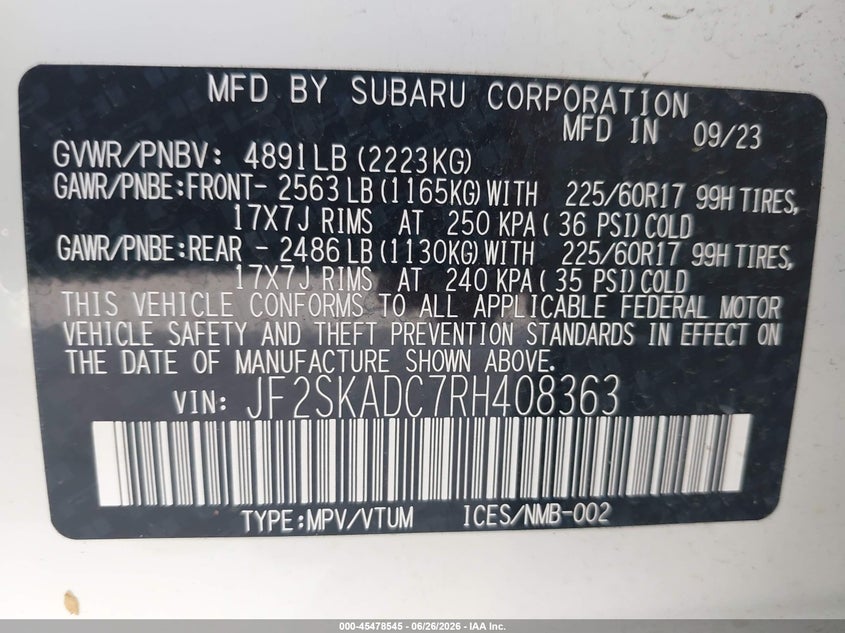 2024 Subaru Forester VIN JF2SKADC7RH408363 IAAI salvage auction — SIDE, Original (Texas), sold $9,500 on 2026-08-27 (photo 9)
