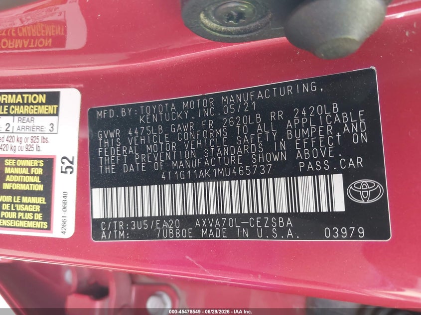 2021 Toyota Camry VIN 4T1G11AK1MU465737 IAAI salvage auction — ALL OVER, Salvage Certificate (California), sold $1,950 on 2026-07-26 (photo 9)