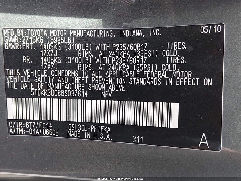 2011 Toyota Sienna VIN 5TDKK3DC8BS037614 IAAI salvage auction — NORMAL WEAR, Clear (Washington), sold $3,225 on 2026-07-08 (photo 9)