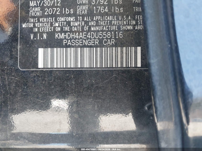 2013 Hyundai Elantra VIN KMHDH4AE4DU558116 IAAI salvage auction — NORMAL WEAR, Clear - Dealer Only (California), sold $600 on 2026-07-13 (photo 9)