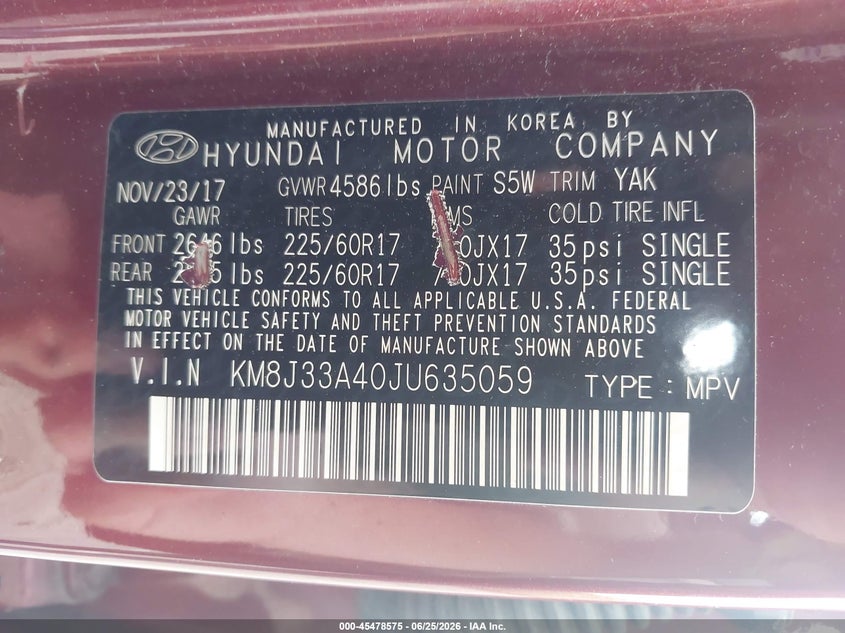 2018 Hyundai Tucson VIN KM8J33A40JU635059 IAAI salvage auction — FRONT END, Salvage (Pennsylvania), sold $1,550 on 2026-07-07 (photo 9)