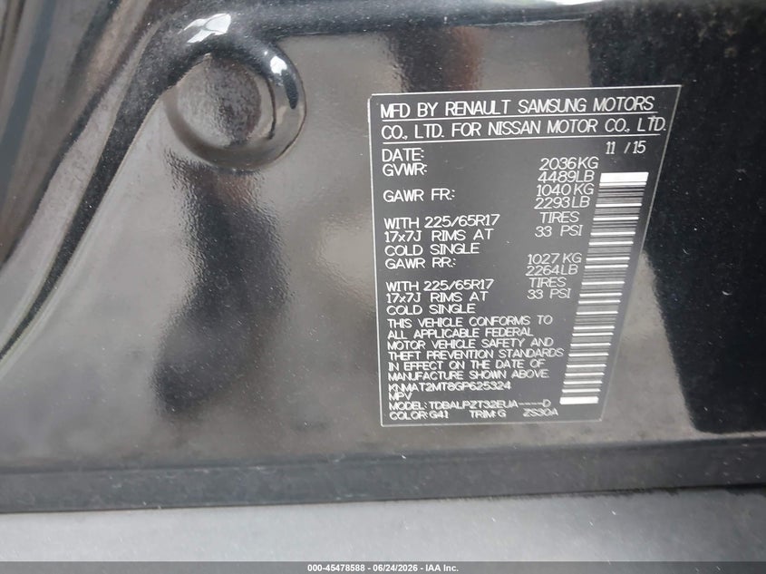 2016 Nissan Rogue VIN KNMAT2MT8GP625324 IAAI salvage auction — FRONT END, Clear (Florida), sold $425 on 2026-07-29 (photo 9)