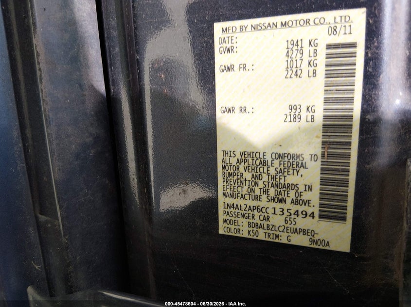 2012 Nissan Altima VIN 1N4AL2AP6CC135494 IAAI salvage auction — RIGHT REAR, Original (Texas), sold $550 on 2026-08-03 (photo 9)
