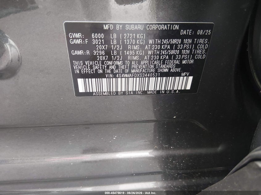 2025 Subaru Ascent VIN 4S4WMAFDXS3440531 IAAI salvage auction — FRONT & REAR, Salvage (South Carolina), sold $9,900 on 2026-08-18 (photo 9)