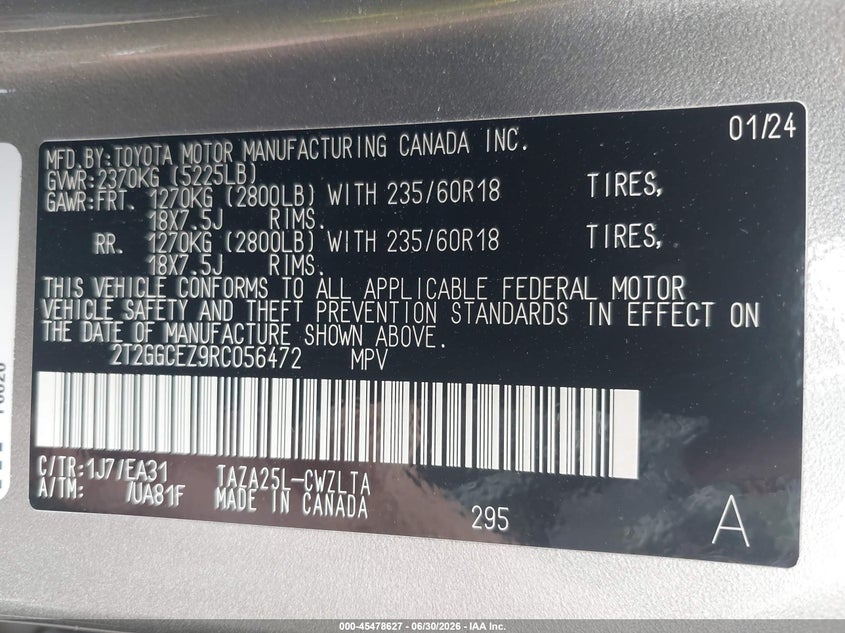 2024 Lexus Nx VIN 2T2GGCEZ9RC056472 IAAI salvage auction — FRONT & REAR, Salvage (New Jersey), sold $17,600 on 2026-07-29 (photo 9)