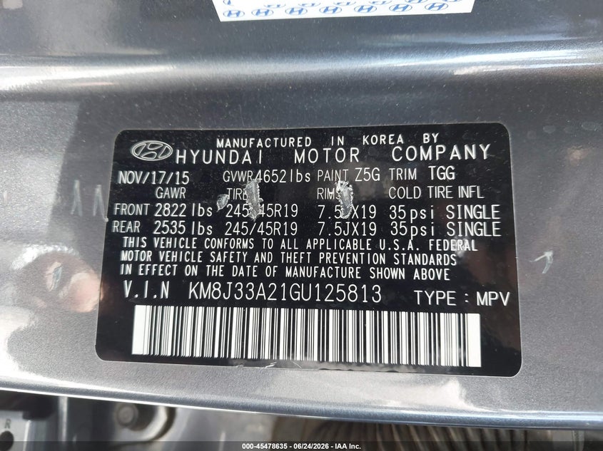 2016 Hyundai Tucson VIN KM8J33A21GU125813 IAAI salvage auction — NORMAL WEAR, Clear - Dealer Only (California), sold $1,925 on 2026-07-29 (photo 9)